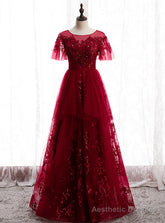 Burgundy Tulle Seuqins Short Sleeve Beading Prom Dress